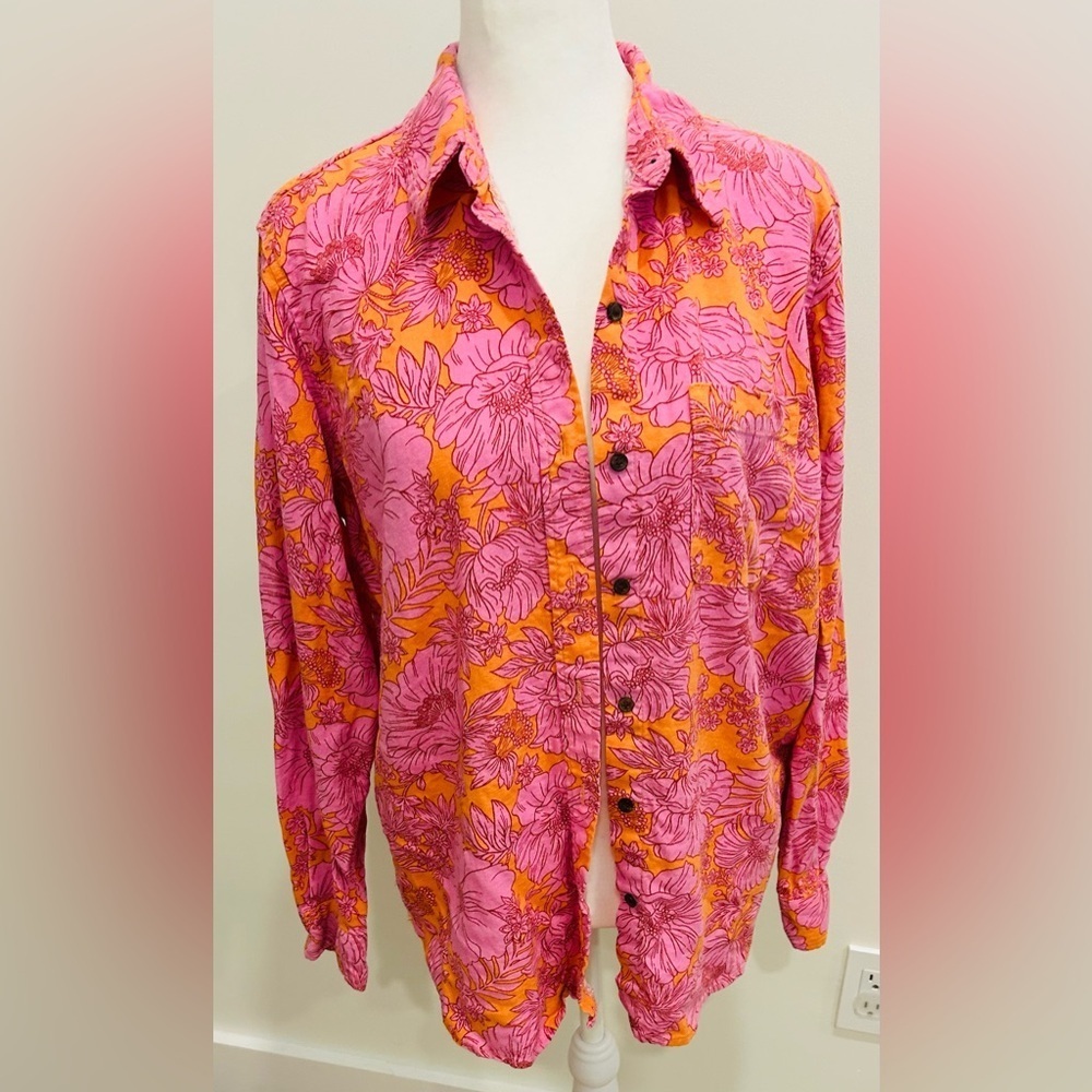 Universal Thread Vibrant Pink and Orange button down shirt women small tropical - Picture 2 of 7